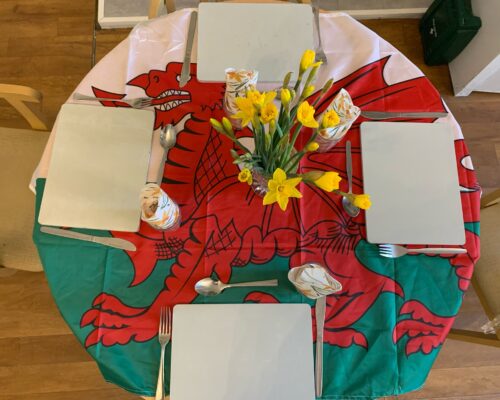 St David's Day flag over a table